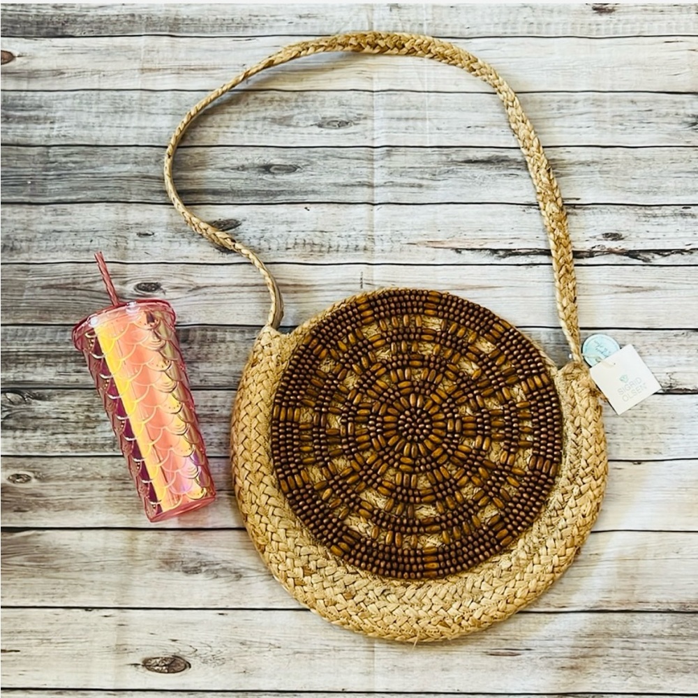 NEW Beaded Jute handbag purse circle round shape